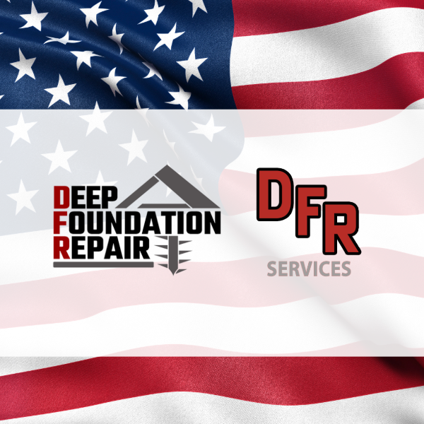 The American flag waves in the background behind bold text that reads 'WELCOME TO OUR NEW WEBSITE' with the logos for 'DEEP FOUNDATION REPAIR' and 'DFR SERVICES' beneath.